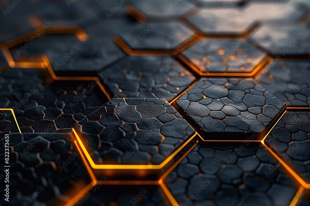 Poster futuristic hexagonal background with glowing golden particles.