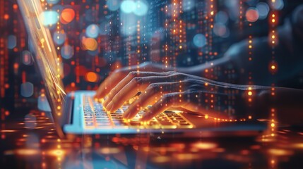 Close up hands of a businessman typing on a laptop keyboard with a glowing data and code background, in the style of technology business concept. Generative AI.