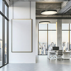 A modern office interior with a blank poster on the wall, large windows overlooking bangkok cityscape, and a workspace setup, 3d rendering isolated on white background, hyperrealism, png
