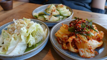 Variety of Delectable Korean Dishes Served on Wooden Table