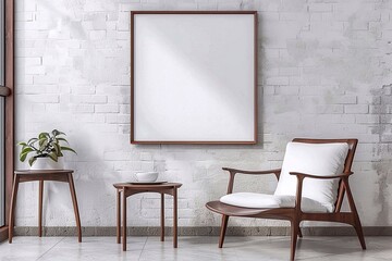 Mock up poster frame in interior background. Interior of a room with a chair.