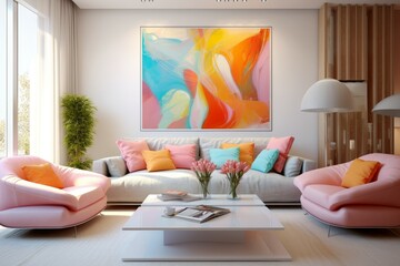 Stylish interior featuring colorful abstract painting, cozy couch, and trendy decor