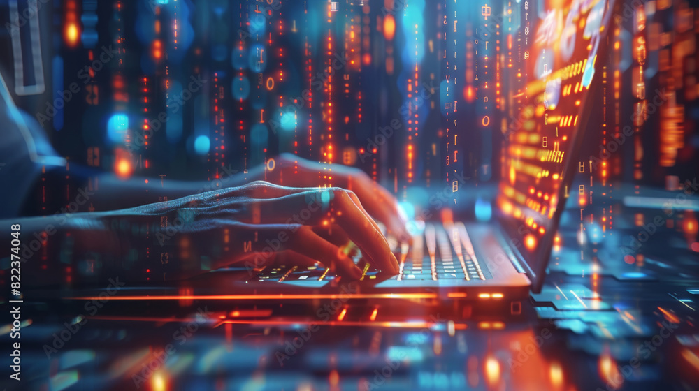 Poster close up hands of a businessman typing on a laptop keyboard with a glowing data and code background,