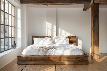 Simple wooden bed in a modern Scandinavian loft bedroom. It's next to a plain white wall with plenty of photocopying space