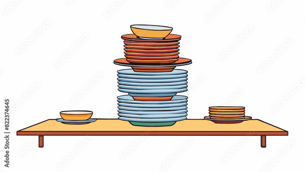 Poster A balanced stack of dishes on a dining table with the heaviest and most stable plates at the bottom and lighter ones on top keeping the tower from. Cartoon Vector