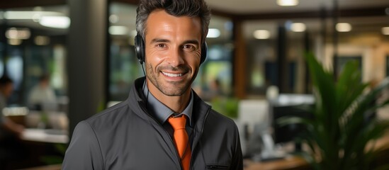 Friendly call center agent using his communication skills with headset, providing customer service remotely