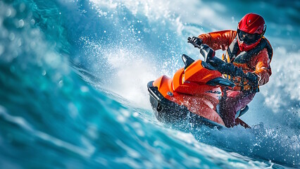 Fototapeta premium Man playing a jet ski on the beach. summer vacation concept.