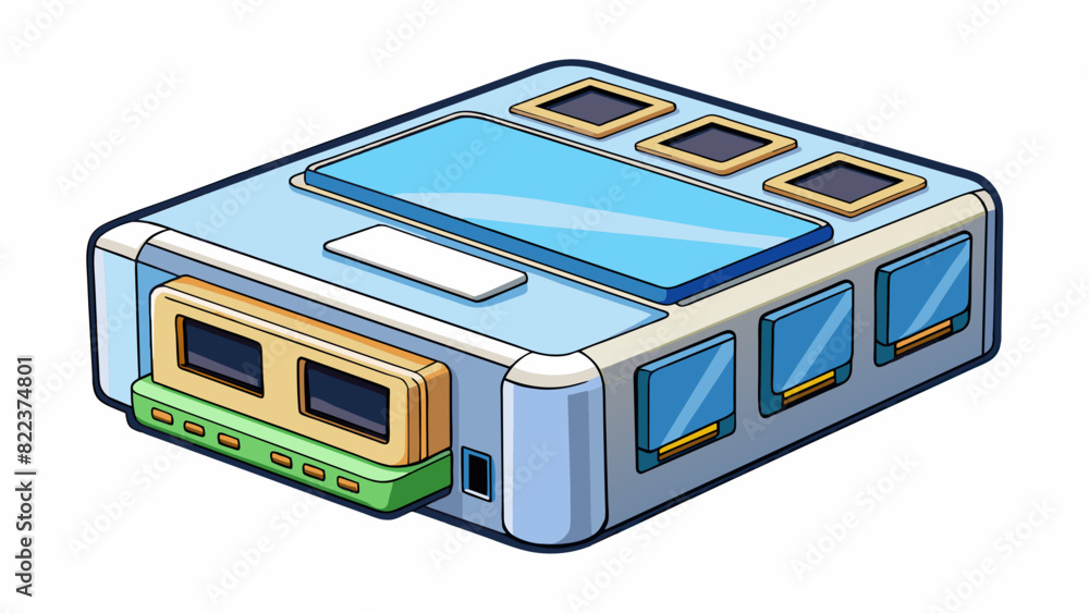 Poster A boxshaped device with multiple slots on the front for different sizes of memory cards. It also has USB ports and a builtin LCD screen for viewing. Cartoon Vector