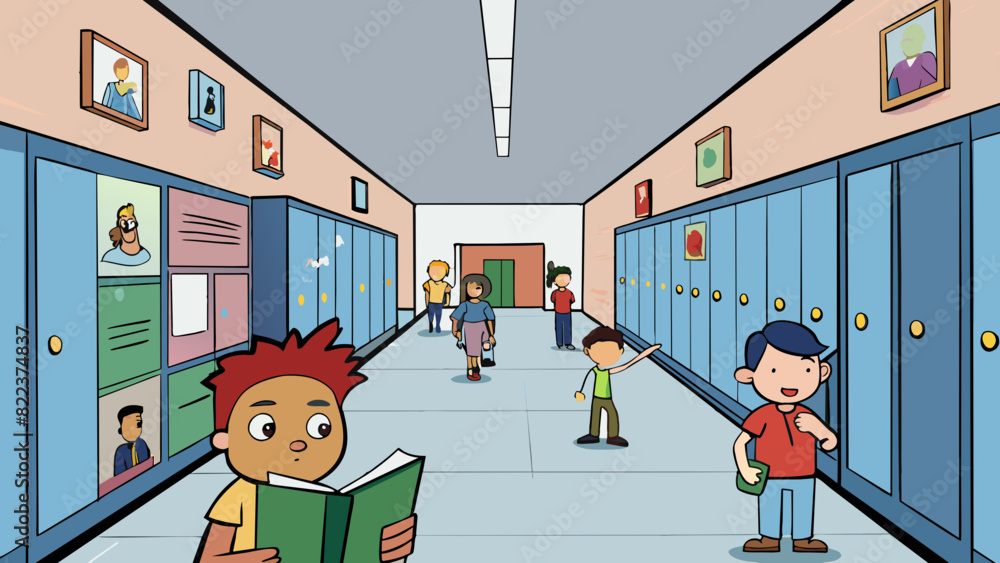 Poster a bustling hallway lined with lockers bulletin boards and students artwork with the sound of chatter