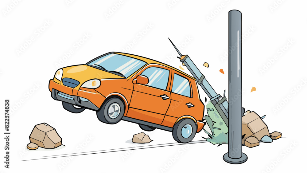 Poster a car crashes into a light pole causing a strong impact as the metal body and glass windows shatter 