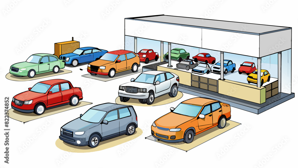 Fototapete A car dealership with different models and makes on display ranging from small sedans to large SUVs. Each vehicle has its own unique features and. Cartoon Vector