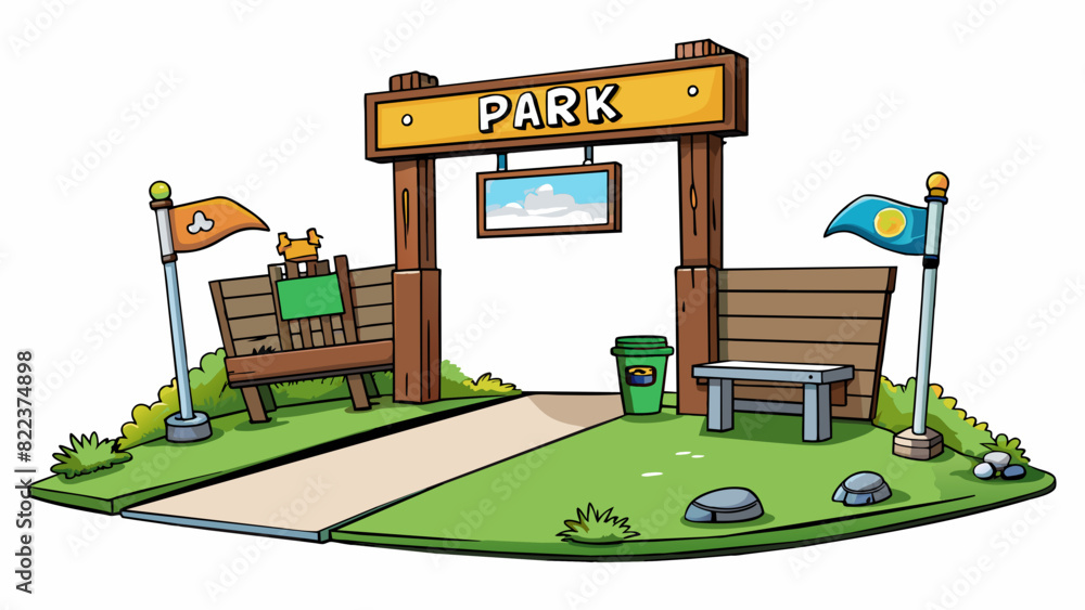 Poster access to a public park the entrance to the park is marked by a large wooden sign with the park name