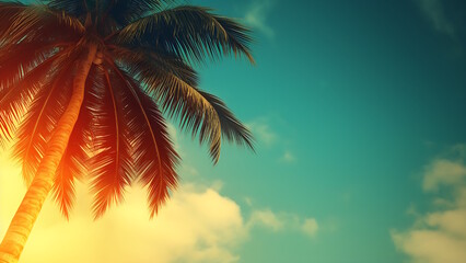 Evening on the beach with palm trees. Palm trees at sunset. 