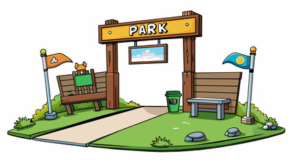 Access to a public park The entrance to the park is marked by a large wooden sign with the park name and opening hours. A clear pathway leads into the. Cartoon Vector