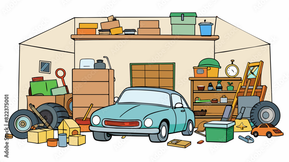 Poster a cluttered garage with dusty shelves and boxes stacked haphazardly in one corner. a vintage car sit