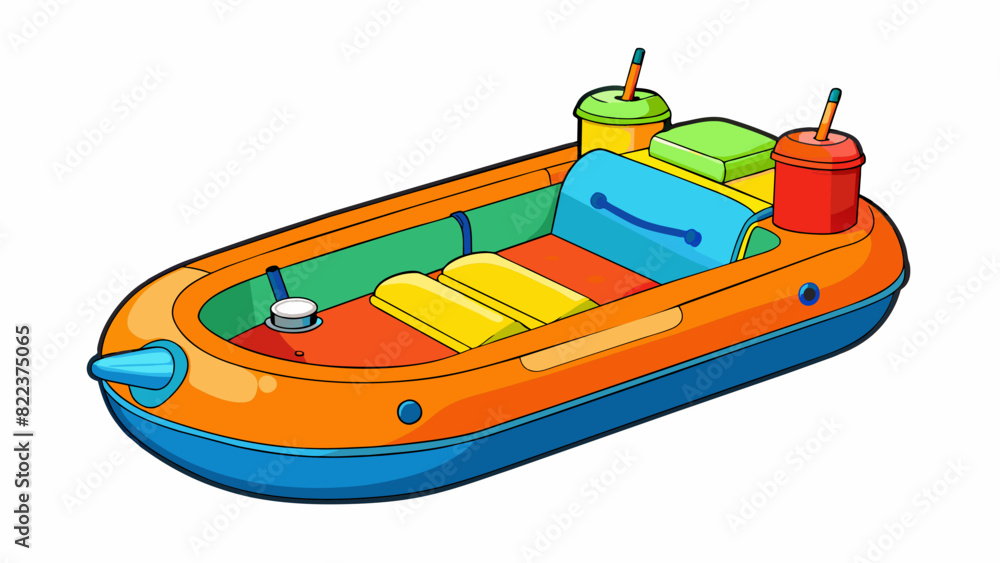 Poster a colorful inflatable rubber boat with an electric motor attached at the back. it has four bright or