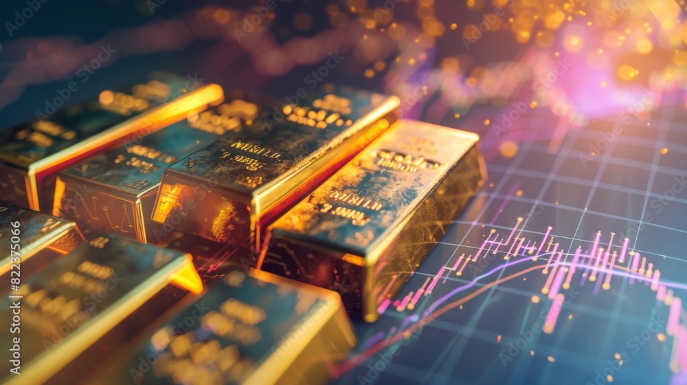 Poster gold bars superimposed with a fluctuating graph, representing market dynamics and wealth accumulatio