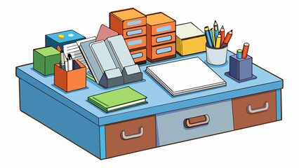 A clutterfree desk with labeled files and neatly arranged stationery exhibiting disciplined work habits and organizational skills.. Cartoon Vector