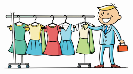 A clothing store manager excitedly hangs up a new line of trendy dresses on display racks. The profit is showcased by the stylish and fashionable. Cartoon Vector