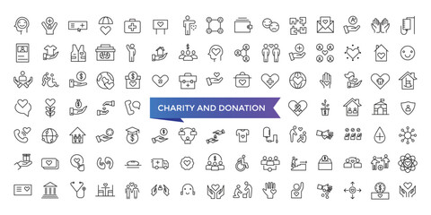 Charity and Donation icon collection. Help, volunteer, donated, assistance, sharing and Linearity symbol. Line icons vector set.