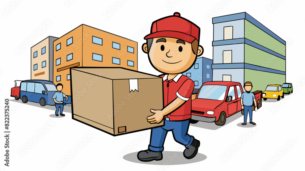 Poster a delivery person effortlessly carrying a large box on their shoulder while navigating through a cro