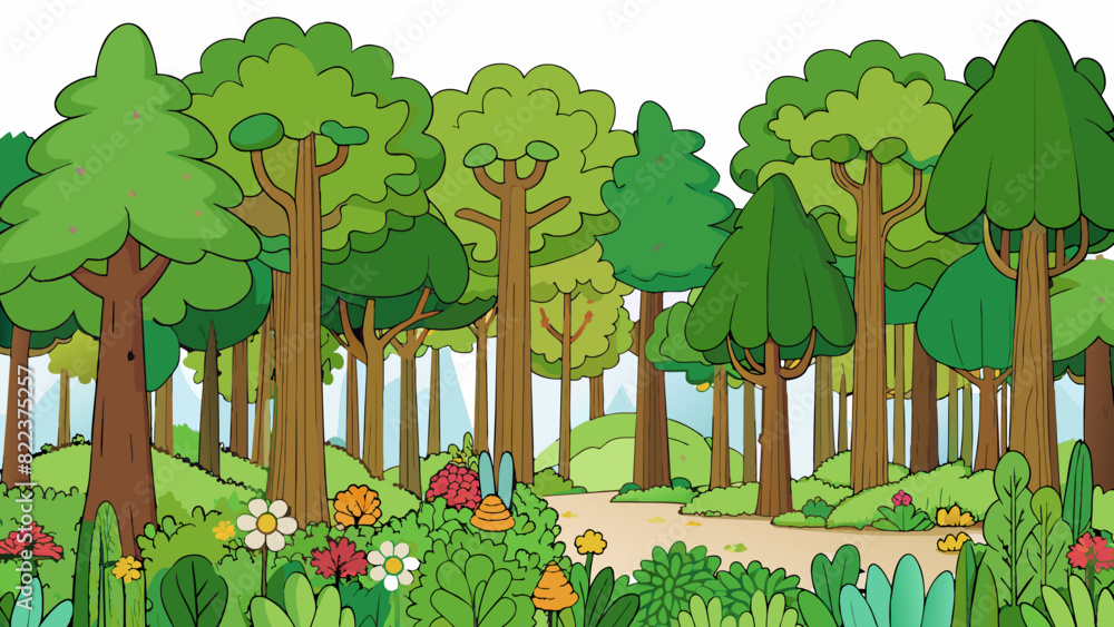 Poster a dense forest filled with tall leafy trees and vibrant wildflowers. the land is teeming with wildli