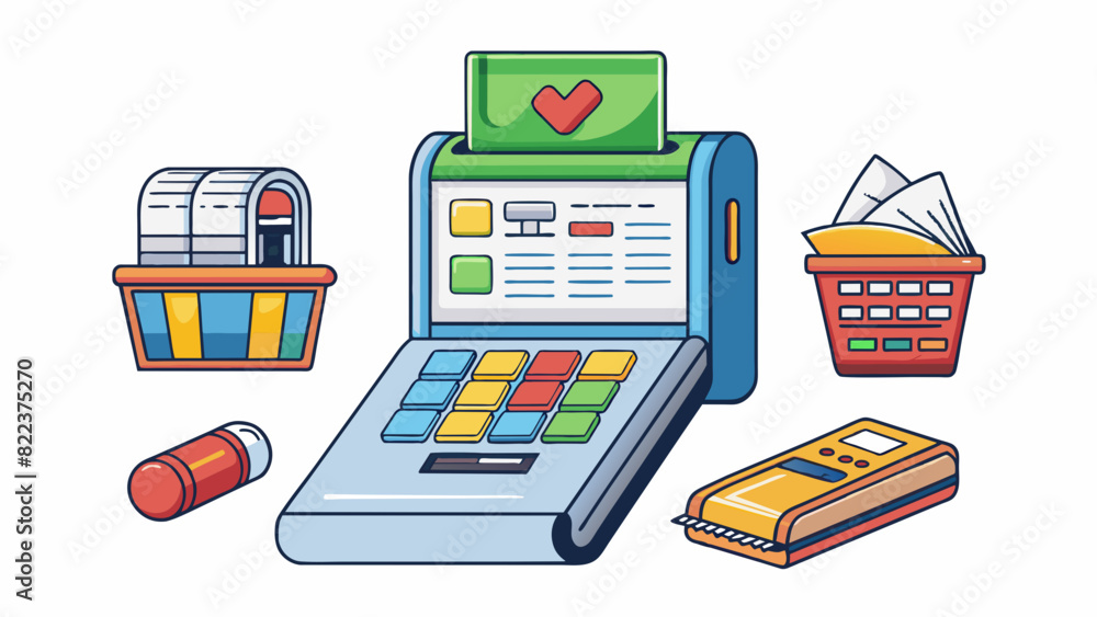 Poster A digital screen with a touchpad keypad and receipt printer located on a counter in a fastfood restaurant. The screen displays images and prices of. Cartoon Vector