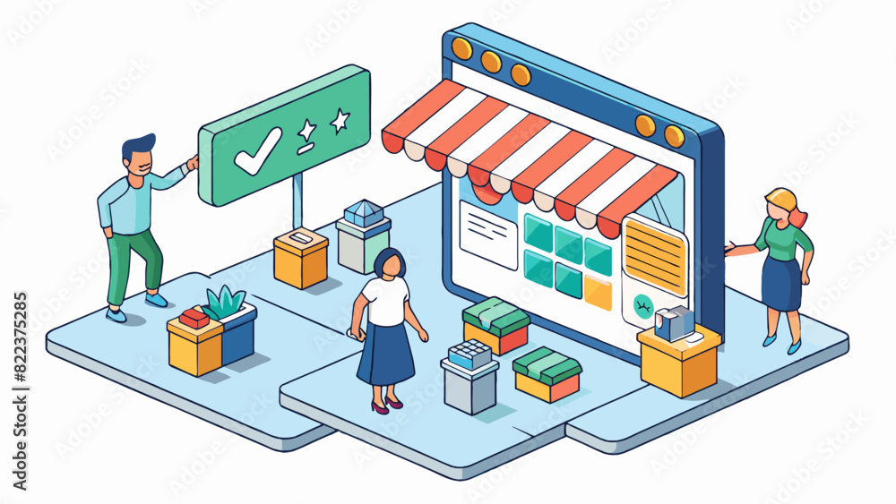 Aufkleber A digital market accessed through a website or app. Customers can browse through virtual storefronts and add items to their digital shopping carts.. Cartoon Vector