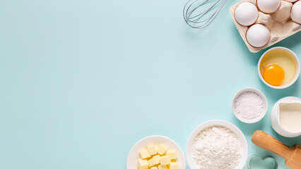 Baking or cooking background. Ingredients, kitchen items for baking.