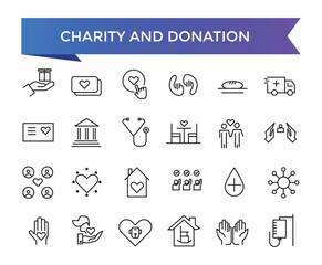 Charity and Donation icon collection. Help, volunteer, donated, assistance, sharing and Linearity symbol. Line icons vector set.