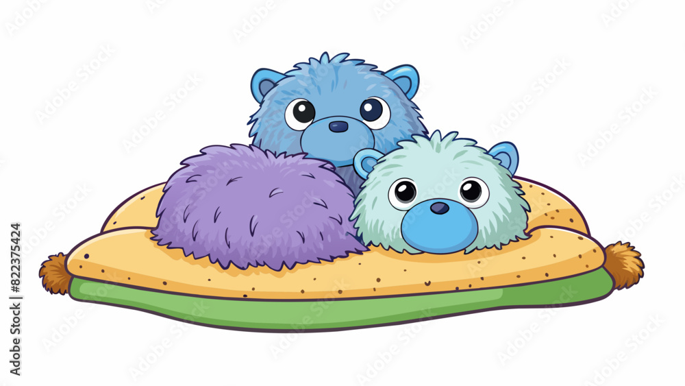 Canvas Prints A fluffy pillow p between two plush stuffed animals on a soft velvety bedspread.. Cartoon Vector