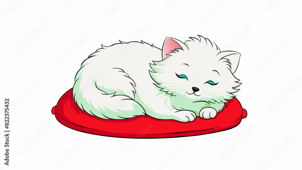 Poster a fluffy white cat curled up on a soft red cushion its vibrant green eyes closed and its paws tucked