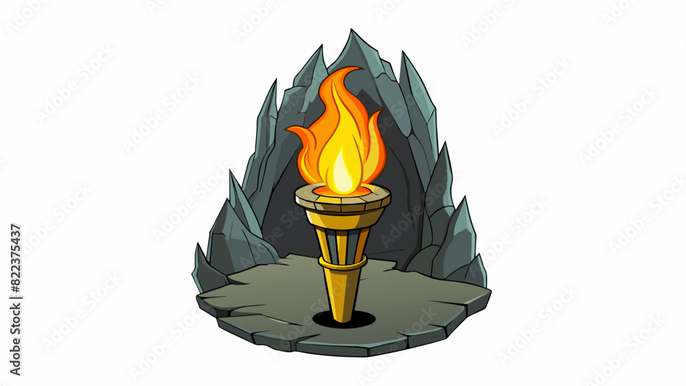 Poster a flickering torch held high in a dark cave illuminating the walls with its bright orange and yellow
