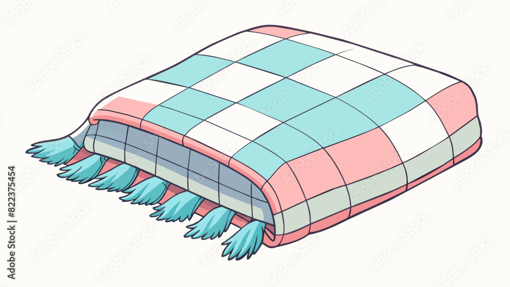 Poster A fuzzy rectangular throw blanket with a soft pastel plaid pattern and fringed edges.. Cartoon Vector