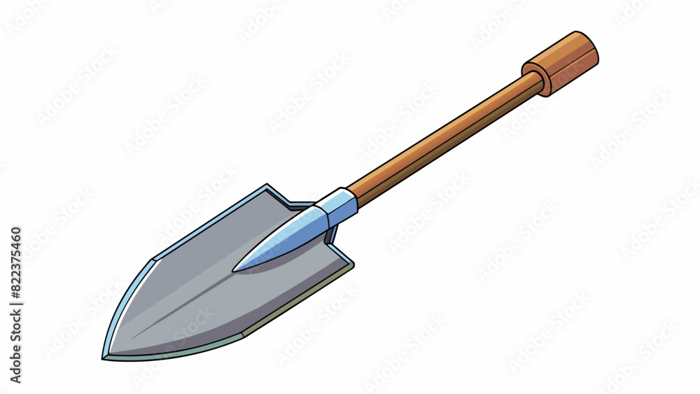 Poster A garden shovel made of durable steel with a sharp pointed tip and a wide flat surface. It has a long wooden handle for added leverage and a scooped. Cartoon Vector