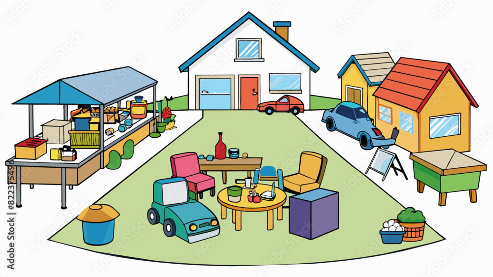 Aufkleber a garage sale in a suburban neighborhood with tables full of items ranging from furniture to toys an