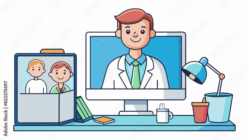 Poster a gentle doctor with a warm smile sitting at their desk with a computer monitor displaying a patient