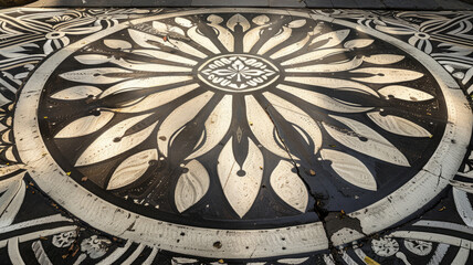 Fototapeta premium Intricate black and white mandala pattern on pavement.