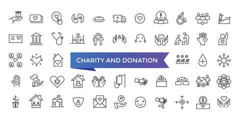 Charity and Donation icon collection. Help, volunteer, donated, assistance, sharing and Linearity symbol. Line icons vector set.