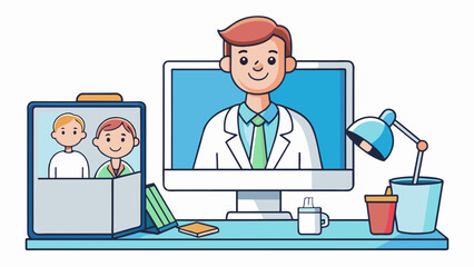 A gentle doctor with a warm smile sitting at their desk with a computer monitor displaying a patients electronic health record. A cup of coffee and a. Cartoon Vector
