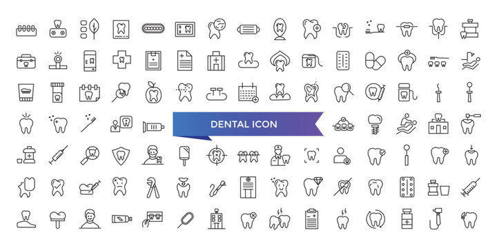 Dental icon collection. Related to tooth, dentist, toothpaste, toothbrush, teeth, implant and dentistry icons. Line icon set.