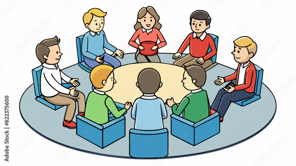 Aufkleber a group of individuals gathered in a circle each one taking turns to voice their opinions while hold
