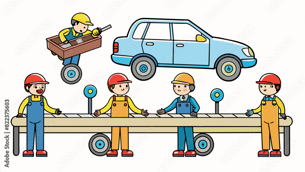 Poster a group of workers assembling a car in a factory as part of the manufacturing sector of the economy.