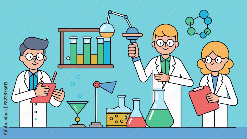 Poster a group of experts analyzing chemical compounds in a lab using specialized equipment to measure thei
