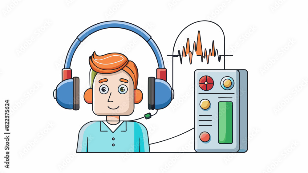 Poster A hearing test A set of headphones is p on the participants ears and they are asked to listen to a series of tones played at different frequencies and. Cartoon Vector