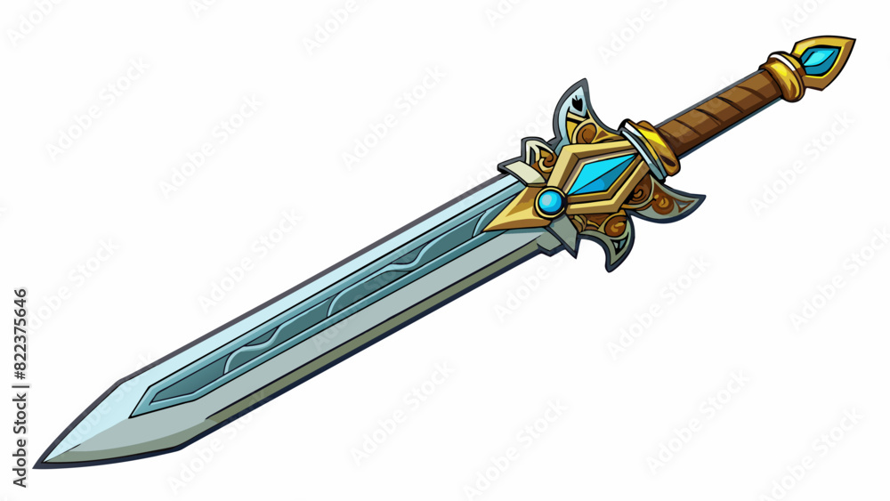 Wall mural A heavy metal sword with an ornate hilt and sharp blade. It has a slight curve to it and intricate designs are etched along the length of the blade.. Cartoon Vector