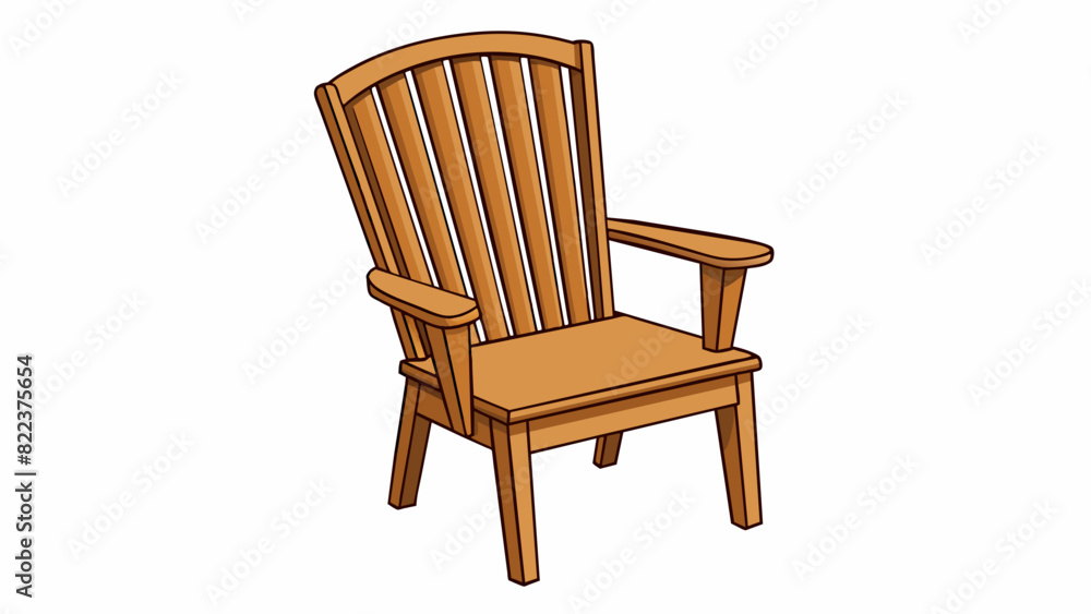 Poster A hard wooden chair with a solid backrest and vertical slats that provide support and structure.. Cartoon Vector