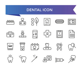 Dental icon collection. Related to tooth, dentist, toothpaste, toothbrush, teeth, implant and dentistry icons. Line icon set.