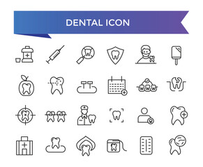 Dental icon collection. Related to tooth, dentist, toothpaste, toothbrush, teeth, implant and dentistry icons. Line icon set.