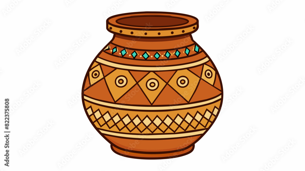Poster A large clay pot adorned with intricate patterns and designs. Its wide body tapers into a narrow neck creating a unique silhouette. The clay is a deep. Cartoon Vector